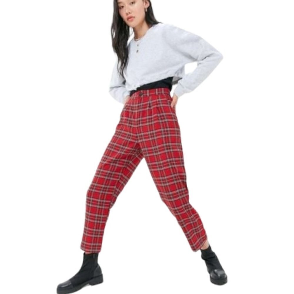 URBAN RENWAL Outfitters Women's XS Red Plaid Straight Leg Trousers High Waist